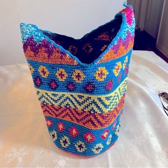 Macrame Woven Bucket Bag Crossbody Handbag Large & Round Bottom Boho Gorgeous - Picture 3 of 5